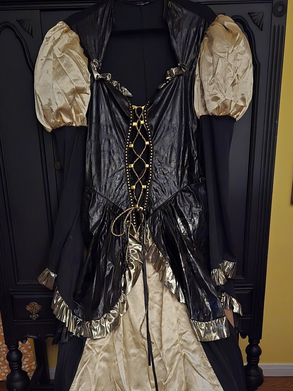 Black and Gold Lace-Up Gothic Coat Dress by
